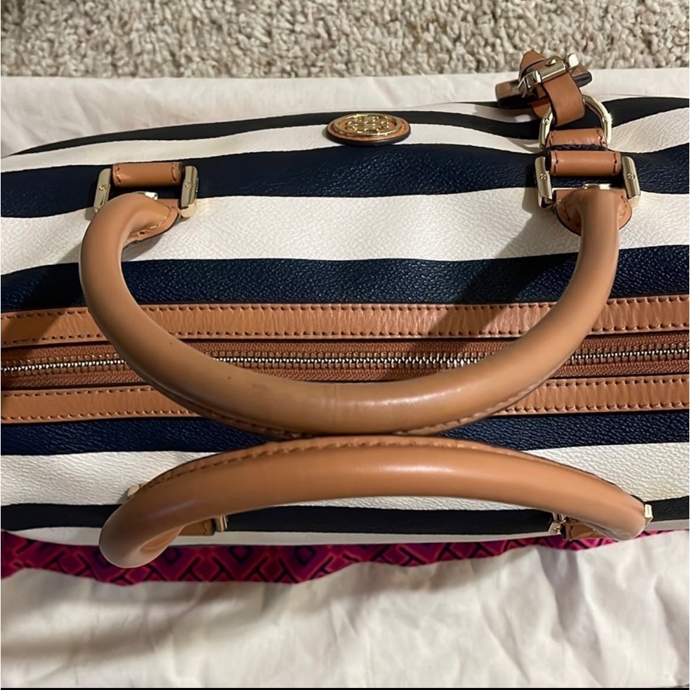 Tory Burch Navy and White Striped Satchel with Tan Trim - Picture 10 of 13